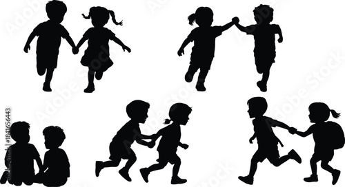 PrintChildren playing silhouettes set, kids running, jumping, holding hands, friends, childhood fun, active boys and girls, vector.