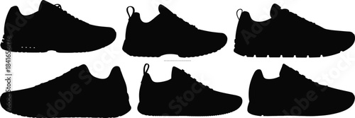 PrintCollection of six running shoes or sneakers silhouettes, sports footwear set vector illustration, athletic training shoe design isolated on white.