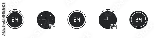 24-Hour Clock And Timer Solid Icon Set. Time Management, Daily Scheduling, And Continuous Operation Silhouette Symbol. Efficient Planning And Productivity Tools. Isolated Vector Illustration
