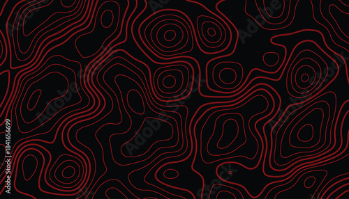 Red topographic map lines on black background abstract