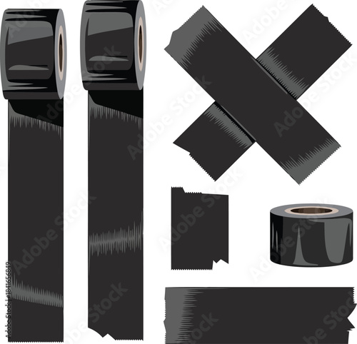 Black electrical tape rolls and strips