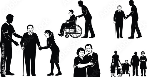 Elder care and family support silhouette set, black caregiver and senior interaction illustration, intergenerational compassion and assistance concept graphic
