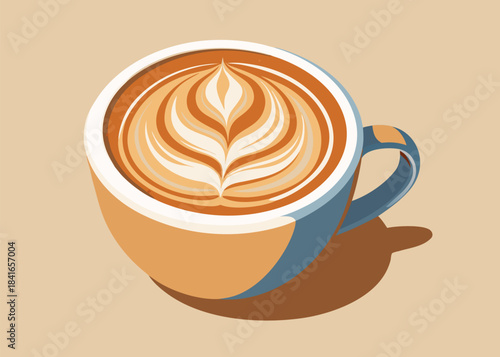 Creamy Latte Coffee with Foam Art in Ceramic Cup