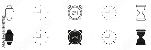 Smartwatch, Clock, Alarm, And Hourglass Icon Set. Time Management, Scheduling, And Countdown Tracking Outline And Silhouette Symbol Collection. Efficient Planning Tools. Isolated Vector Illustration