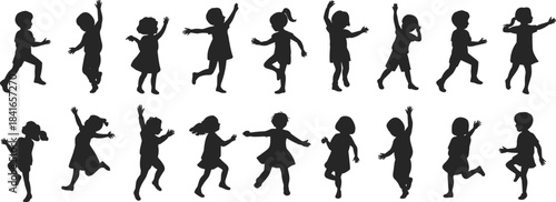 PrintDynamic Children Silhouettes Set, Kids Jumping, Dancing, Running, Playing, Raising Hands, Happy Boys and Girls Vector Collection, Fun Activity Cutouts.