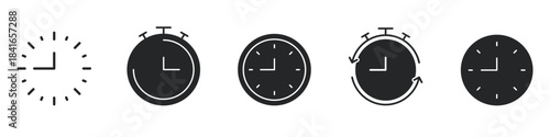 Clock And Stopwatch Solid Icon Set. Time Management, Scheduling, And Countdown Silhouette Symbol Collection. Efficient Planning And Time Tracking. Isolated Vector Illustration