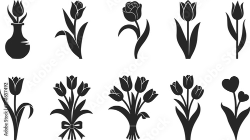 PrintElegant Botanical Line Art Set, Hand-Drawn Peony, Delphinium, Daisy, Rose, and Tulip Collection, Minimalist Floral Engraving Style Vector Illustration, Black and White.
