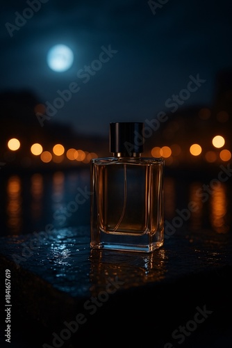 A bottle of cologne is sitting on a ledge in front of a moonlit body of water