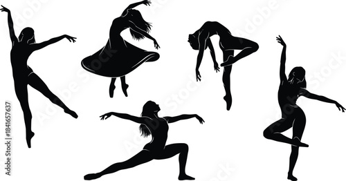 Elegant female dancer silhouettes performing expressive choreography poses, graceful ballet and modern dance movements, artistic motion collection for creative design 