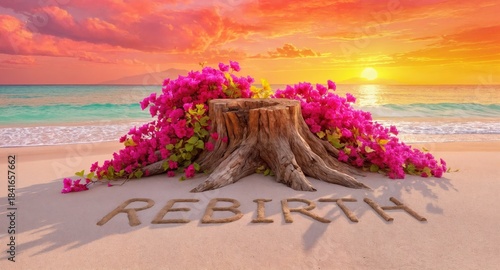 vibrant sunset over beach with blooming flowers and tree stump symbolizing rebirth and renewal in nature - AI Generated Digital Art