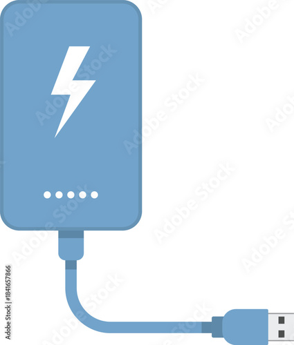 Blue power bank with lightning symbol and USB cable connected USB cable charging