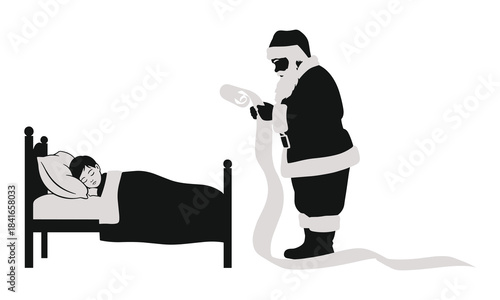 Santa claus checks his long naughty or nice list by a sleeping child s bed