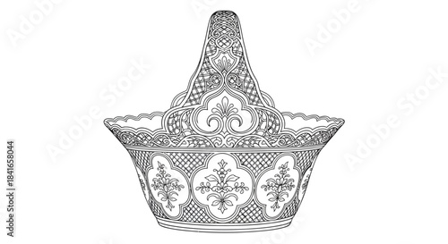 Exquisite black and white floral basket illustration featuring vintage charm and intricate design