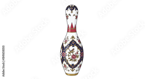 Exquisite floral ceramic bowling pin with intricate ornamental designs and vintage flair