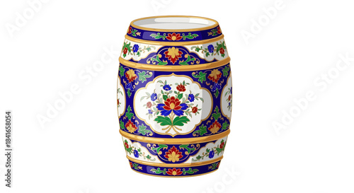 Exquisite porcelain stool with intricate floral designs against a white backdrop