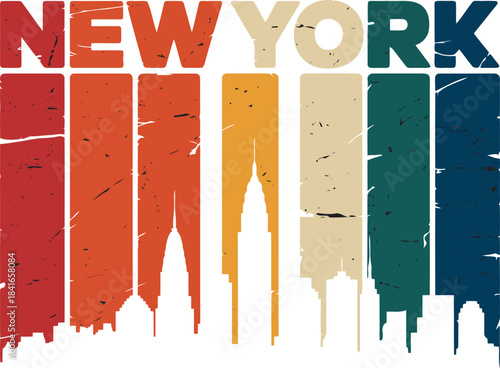 New york city skyline with colorful stripes and text