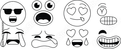 Collection of different emoticon and emoji in black and white