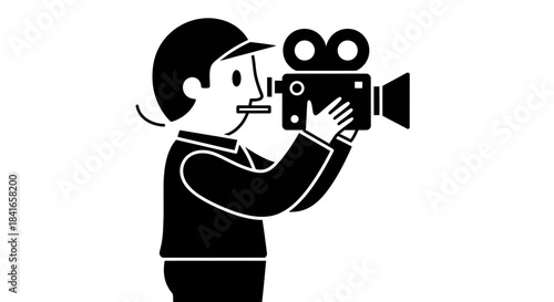 Iconic filmmaker with vintage camera captures cinematic moments in monochrome style