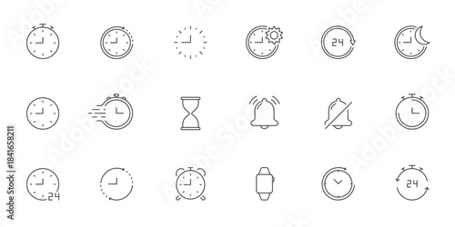 Clock And Time Management Line Icon Set. Timekeeping, Scheduling, And Alarm Symbol Collection. Stopwatch, Hourglass, And Smartwatch Outline Icons. Editable Stroke. Isolated Vector Illustration
