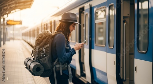 Young female backpacker checks phone while waiting for train departure at sunny station platform