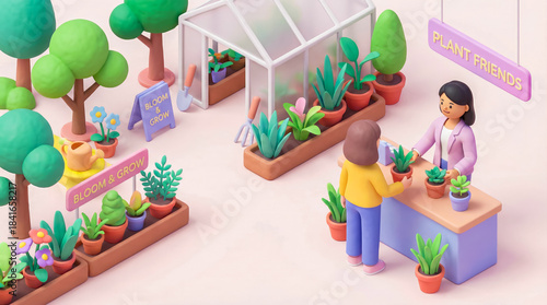 An advertisement for a store with trees and plants, the store owner presents potted flowers to a customer, 3D art for a gardening store advertisement