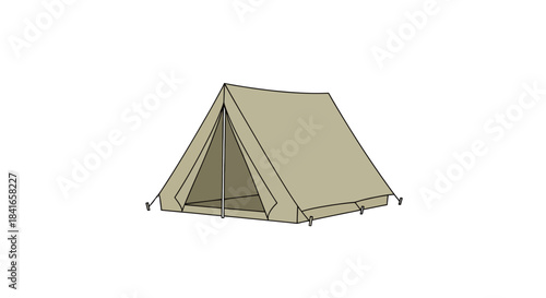 Illustrated camping tent pitched on a plain white backdrop in simple and clean lines