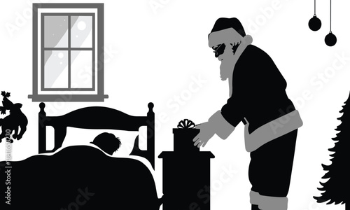 Santa claus secretly places a gift beside a sleeping child s bed