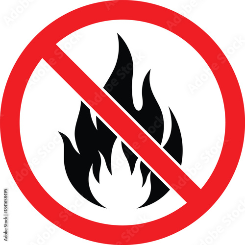 Red circle with diagonal line over black flames symbolizing no fire or smoking