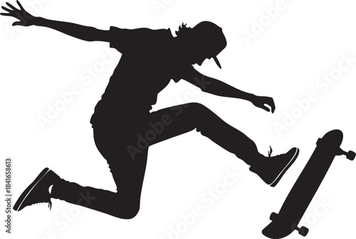 Skateboarder Silhouette in Action: Capturing a dynamic moment of a skateboarder mid-trick, highlighting the balance and agility involved in the sport.