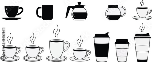 Collection of coffee cups and mugs in black and white