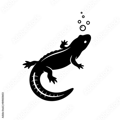 Underwater salamander silhouette with bubble cluster vector illustration