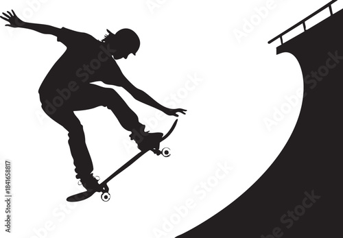 Skateboarder Silhouette in Action: Capturing a dynamic moment of a skateboarder mid-trick, highlighting the balance and agility involved in the sport.