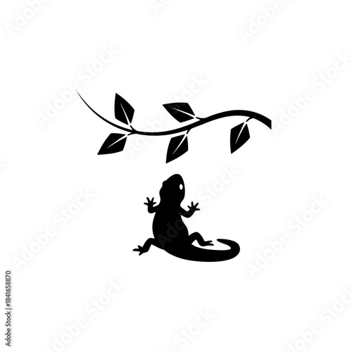 Salamander silhouette under a minimal hanging vine vector illustration