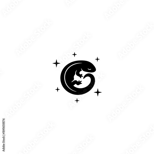 Salamander silhouette surrounded by minimal sparkle marks vector illustration