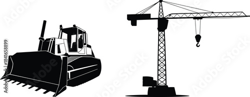 PrintHeavy Construction Equipment Silhouette Set, Bulldozer and Tower Crane Black Vector Graphic, Engineering and Building Industry Icons