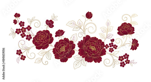 Elegant floral design featuring maroon roses with golden swirling stems and delicate details