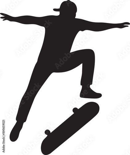 Skateboarder Silhouette in Action: Capturing a dynamic moment of a skateboarder mid-trick, highlighting the balance and agility involved in the sport.