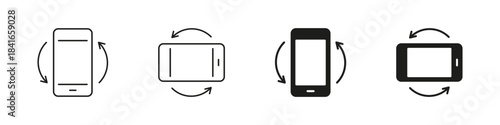 Phone Screen Turning Line and Solid Icon Set. Mobile Device Rotation With Arrows Showing Interaction, Motion and Orientation Adjustment Symbol Collection. Isolated Vector Illustration
