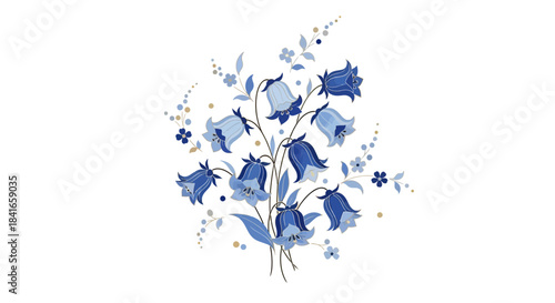 Elegant floral arrangement featuring bluebell flowers with ornamental folliage on a white backdrop
