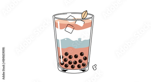 Elegant layered drink presentation with boba and ice cubes for refreshing indulgence