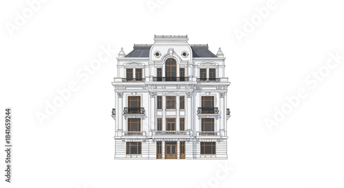 Elegant residential building facade with classical architectural design and ornate details