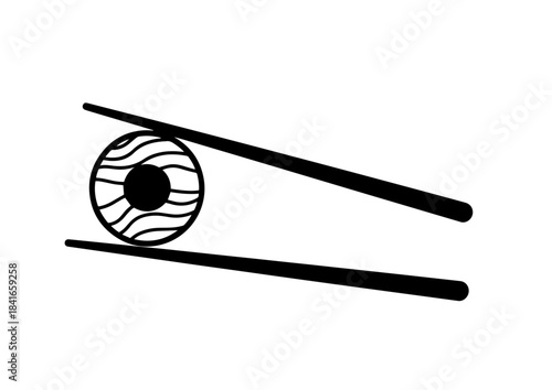 A bold monochromatic vector illustration depicts a stylized sushi roll with wavy internal patterns and a solid core, securely grasped between two angled chopsticks in a clean, minimalist design