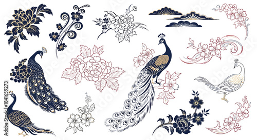 Elegant peacocks amid peony blossoms and stylized clouds create a serene asian design