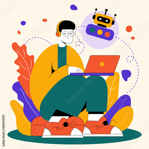 Using AI assistant to write notes with laptop in digital workspace