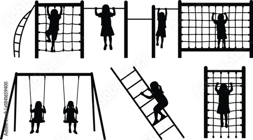 Children playground silhouette, outdoor activity, climbing and swinging, black vector, flat design, CAD drawing, fitness motion, rope structure, fun scene
