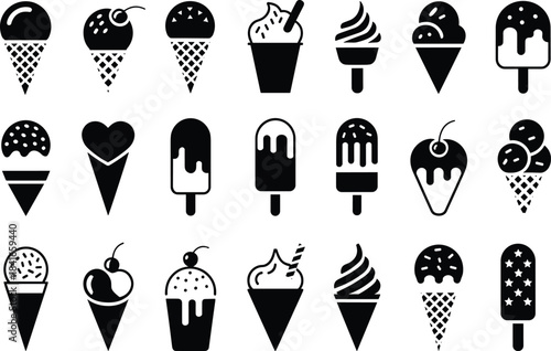 PrintIce cream icon set, dessert silhouette vector, popsicle cone graphic, frozen treat illustration, black outline, summer snack design