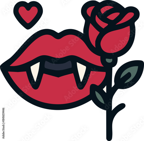 A stylized pair of vampire lips with sharp fangs holds a red rose, creating a cute gothic-romantic vibe.