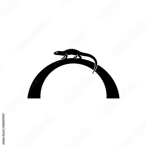 Salamander silhouette crossing over a minimal arch bridge vector illustration