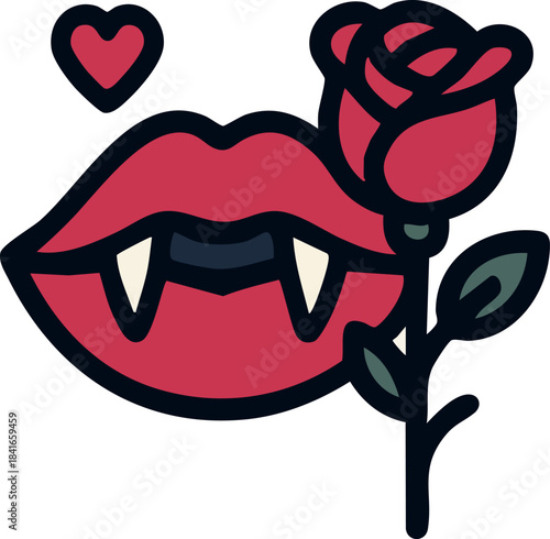 A stylized pair of vampire lips with sharp fangs holds a red rose, creating a cute gothic-romantic vibe.