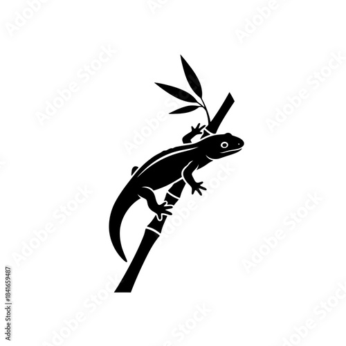 Salamander silhouette balanced on minimal bamboo stalk vector illustration